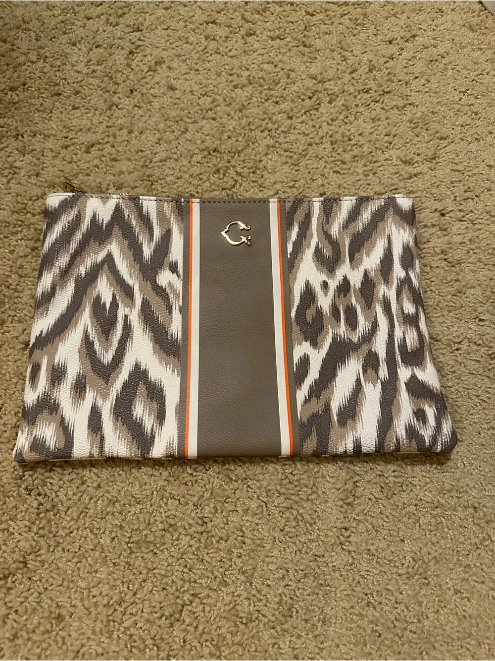 C. Wonder Taupe and Orange Trim Leopard Pouch